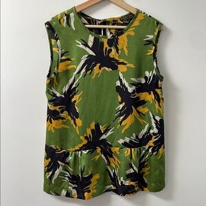 Comrags sleeveless top LARGE abstract floral leaf print green yellow